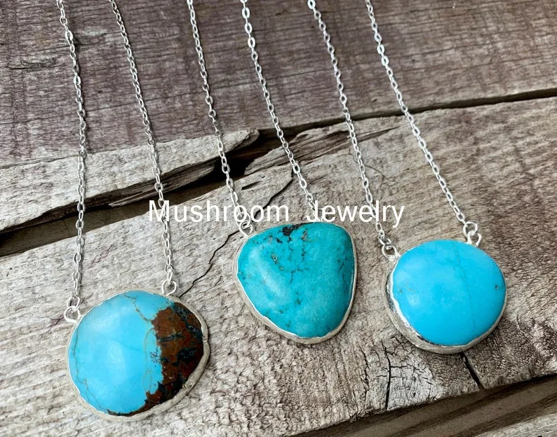 Natural Turquoise Slab Silver Plated Chain Necklace With Turquoise Pendant