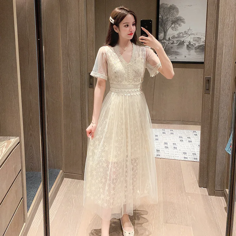 

Mesh Lace Dress 2021 Summer New Goddess Skirt chao xian Thin Temperament Dress Waist xian nv qun