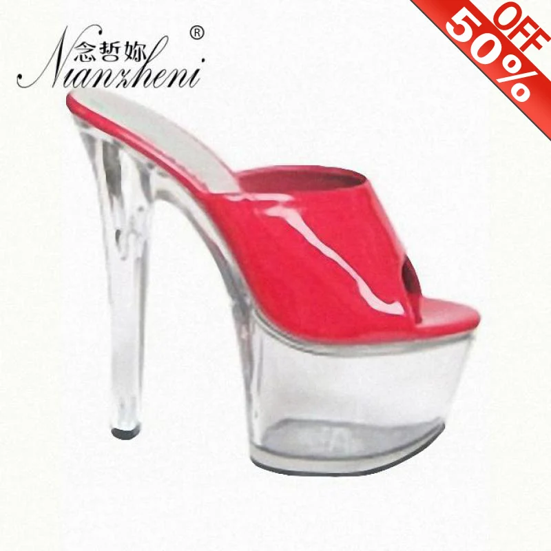 

17cm Women Summer Platform Stiletto Sandals Party Female Dress Red Crystal Shoes 7 Inch Peep Toe Star Sexy High Heels Slippers