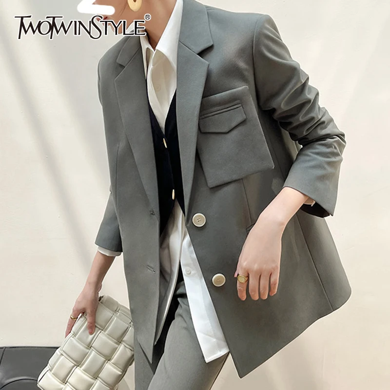 

TWOTWINSTYLE Casual Blazers For Women Notched Loose Long Sleeve Single Breasted Patchwork Pockets Coats Female 2021 Autumn Style