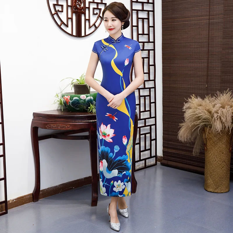 

Vintage Chinese Style Qipao Long Handmade Button Cheongsam Dress Women's Mandarin Collar Traditional Dress Size M-5XL
