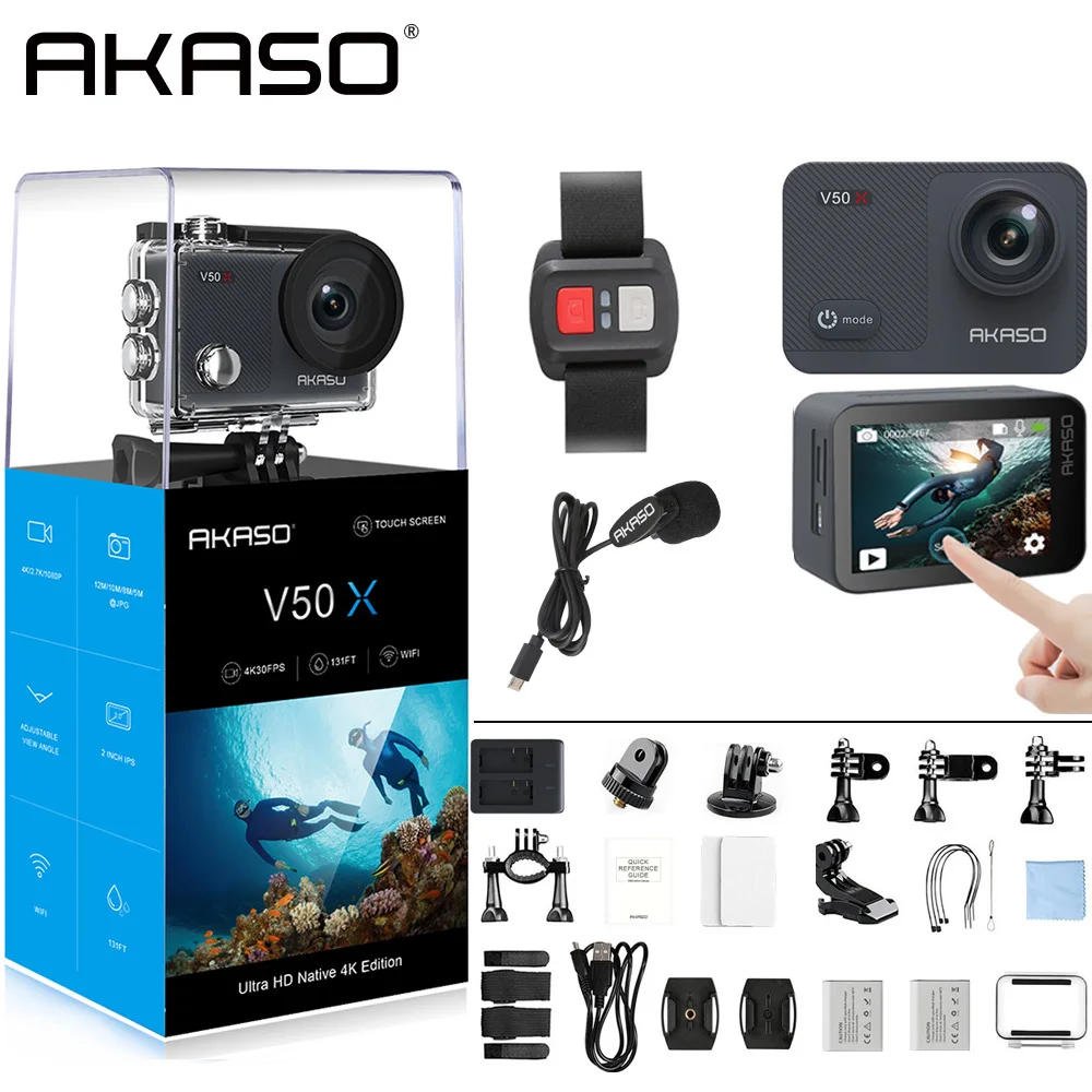 AKASO V50X родная 4 K/30fps WiFi Экшн-камера с 2 ''сенсорным экраном EIS 131 футов водонепроницаемая камера с дистанционным управлением Спортивная камера - Цвет: Camera and Mic
