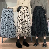 vintage floral print chiffon long tulle skirts for women elastic high waist 2022 autumn black white pink y2k boho midi skirt