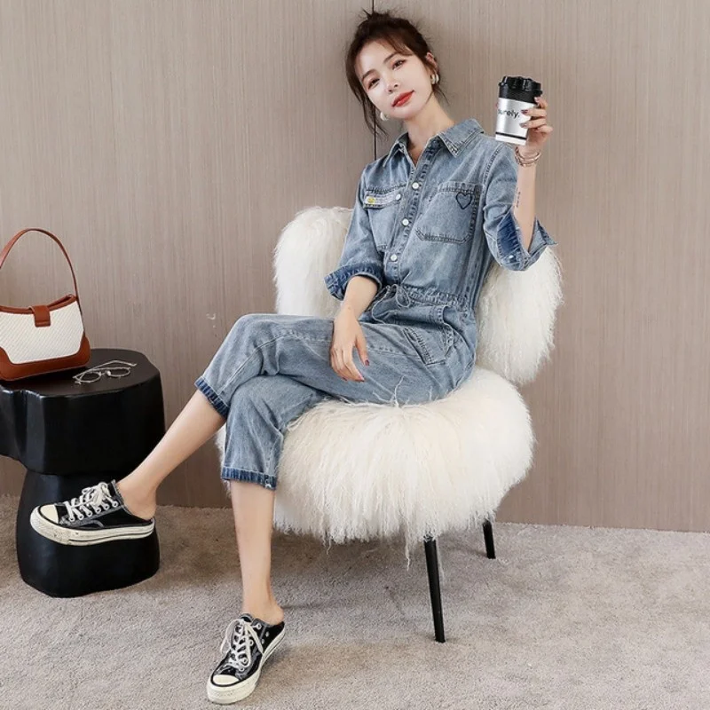 Denim Women Jumpsuit Lapel Multi-Pockets Single-Breasted Drawstring Waist Slim Fit Solid Blue Ladies Three-Quarter Sleeve Summer