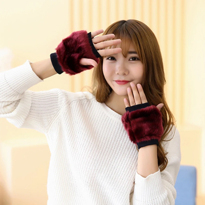 

New Autumn Ladies Half Finger Imitation Rabbit Hair Fingertips Warm Wool Gloves Color Thickeness Plus Velvet Gloves For Ladies