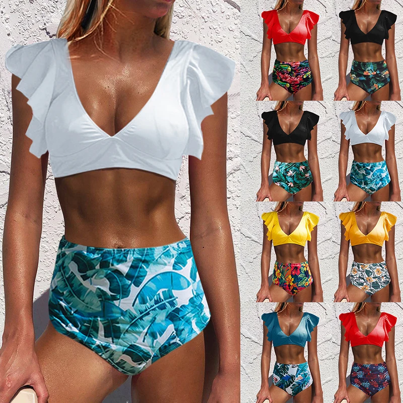 

2020 Women Two Piece Swimsuit V Neck Ruffled Bikini Top High Waisted Ruched Bottom Sexy Print Bikini Set Push Up Swimwears Mujer