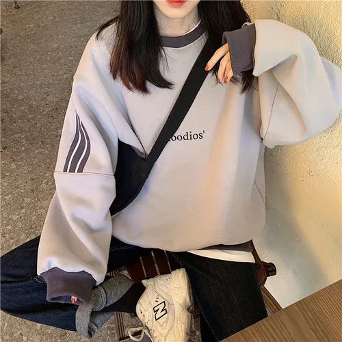 Velvet Casual Letter Pinted Striped O-neck Patckwork Halajuku Simple Winter Warm Female Women Long Sleeve Sweatshirts | Женская одежда