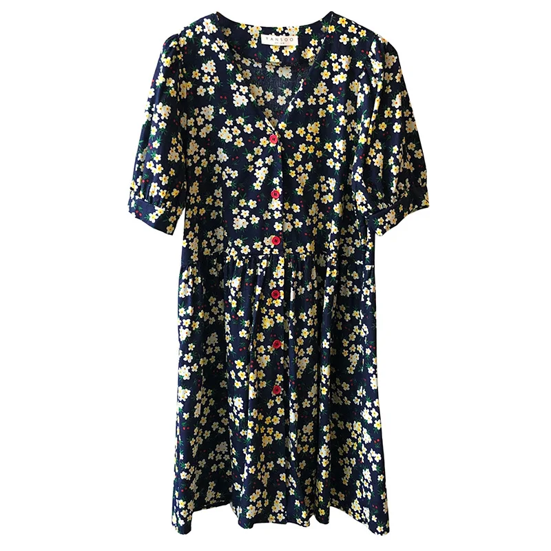 

Crushed Flower Mini Dress Women 2021 Summer New Ins Retro Single-breasted High Waist V-neck Puff Sleeve Doll Dress 3077