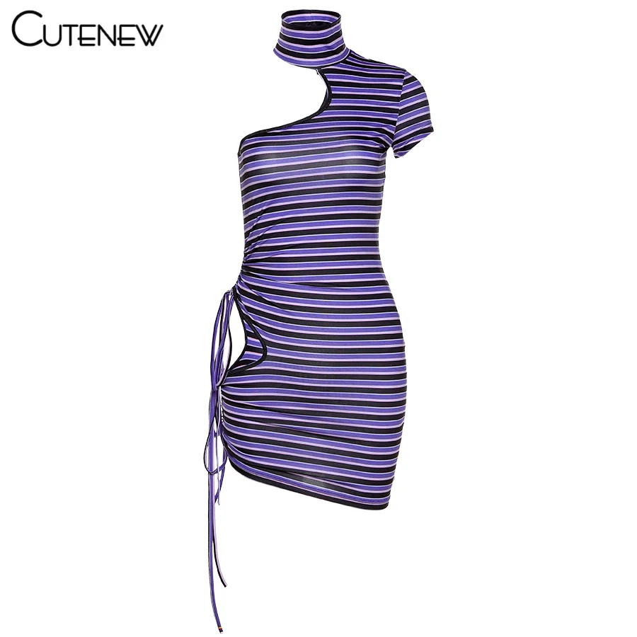 

Cutenew Sexy Hollow Out One Shoulder Stripe Mini Dress For Women 2021 Summer Cusual Slim Sleeveless Backless Sheath Lady Dresses