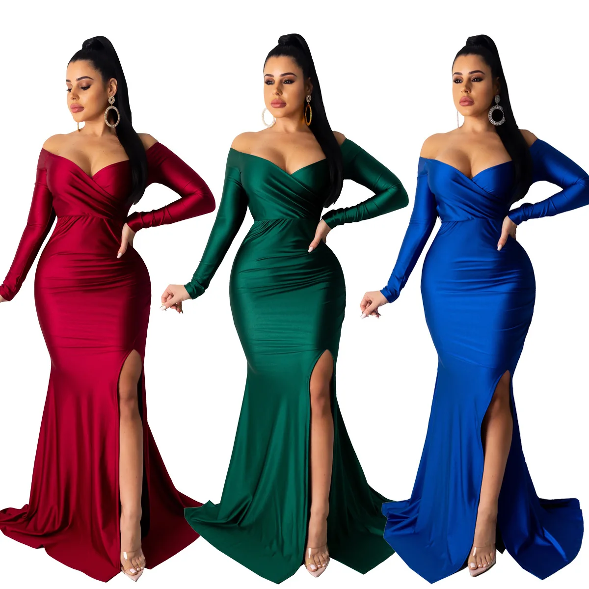 

Beautiful women's sexy dress nightclub v-neck dress solid color big slit long white dress women long sleeve dress plus size