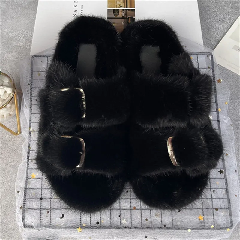 

Luxury Mink Lady Slippers Soft Plush Real Fur Slippers Anti Slip And Wear-Resistant Sole Flat Bottomed Flip Flops Free Shipping