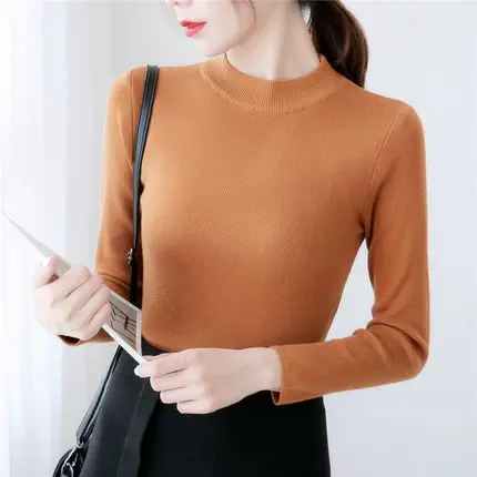 khaki C Ohclothing2019европейский зимний женский свитер с полувысоким воротником, тонкая белая рубашка, свитер с рукавами, тонкий женский свитер с коротким рукавом - Цвет: khaki C