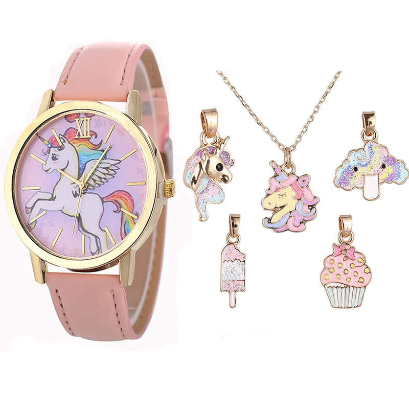 

6pcs/set Children's Fashion Cartoon Unicorn Necklace Pendant Free Combination Set and Watch Accessories Children's Gift