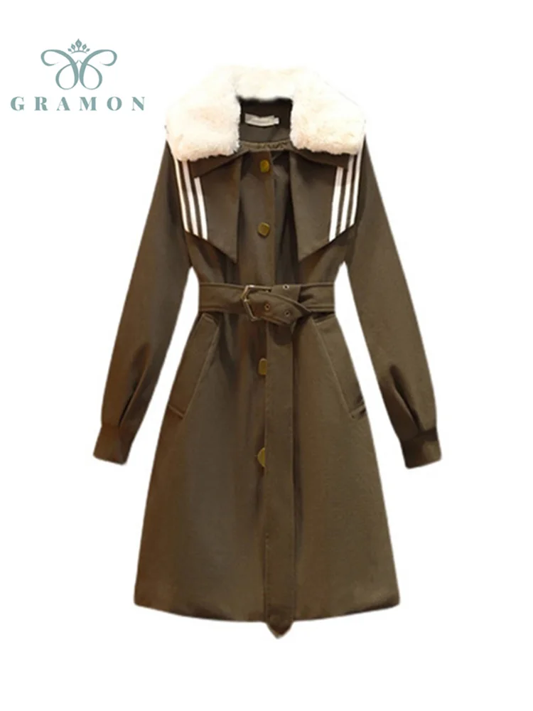 

Women 2021 Winter Coat Plush Turn Down Collar Woolen Jackets Casual Thicken Belt Singles Breasted Long Coats Oversized Clothes