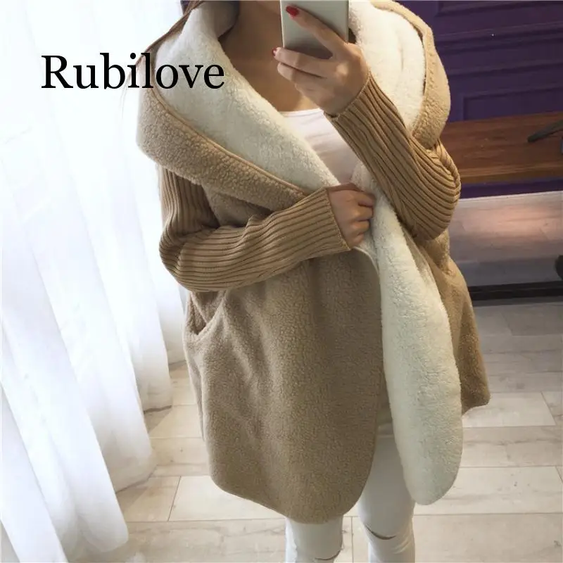 

Rubilove Large Size Knitted Sleeve Coat 2019 New Women Autumn and Winter Lambs Hooded Overcoat Thicker Loose Jackets