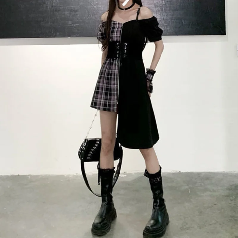

HOUZHOU Gothic Plaid Dress Woman Summer Slip Mini Dresses Sexy Harajuku Goth Black Patchwork Sundresses Y2k Vintage Outfits