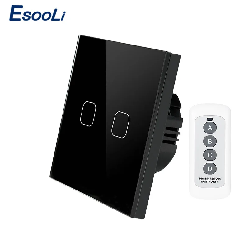 2 Gang Remote Black Esooli сенсорный выключатель 1 банда 1 способ, умный настенный выключатель, сенсорный выключатель света, беспроводной дистанционный переключатель освещения 220 В - Цвет: 2 Gang Remote Black