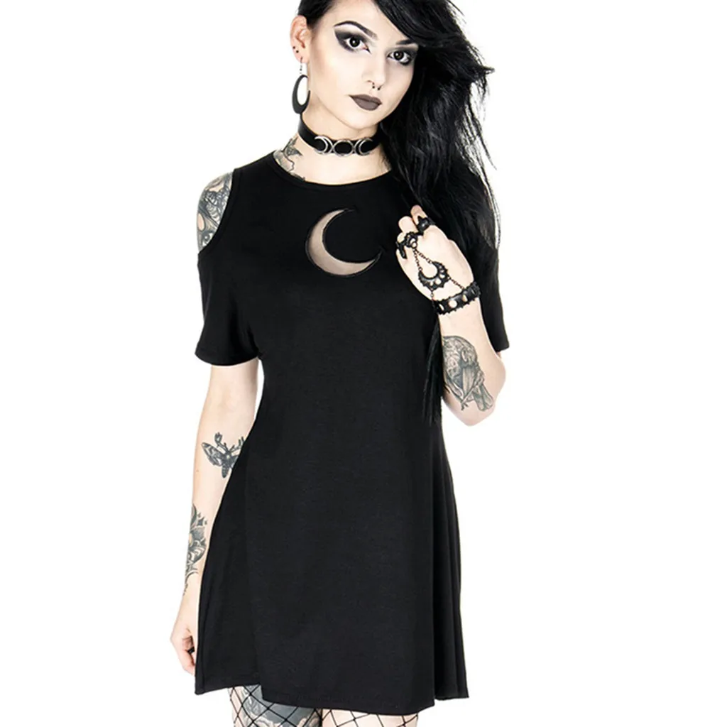 

Dress women summer slim beach dressWomen's Fashion Gothic Style Punk Black Retro Off Shoulder Moon Hollow Out Dress 2021