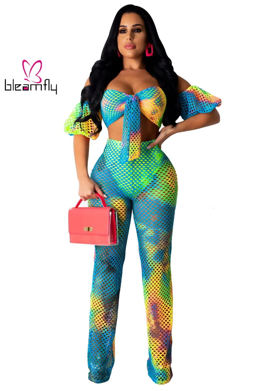 Женский костюм с открытыми плечами марлевая сетка топ принтом прямые штаны