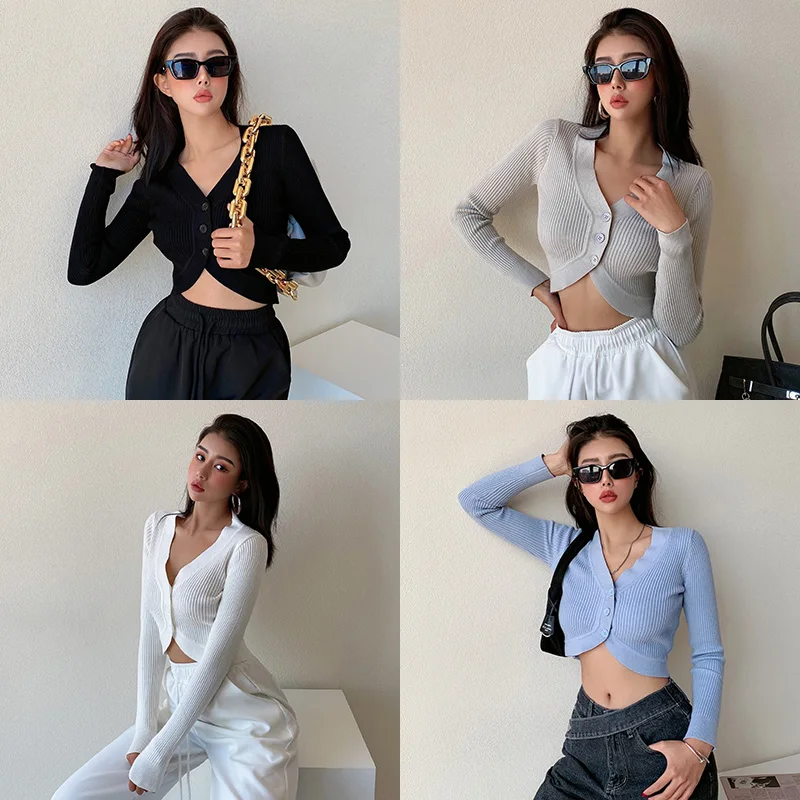 

Women Deep V Neck Curve Cut Hem Crop Knit Cardigan Super Cropped Knit Top