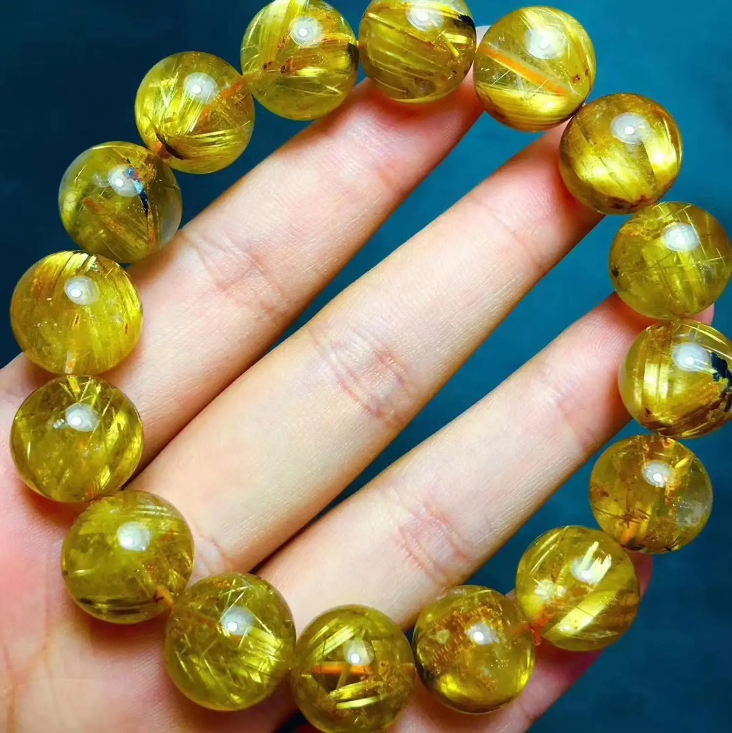 

Genuine Natural Gold Flower Rutilated Quartz Clear Round Beads Bracelet 12mm Women Men Fashion Wealthy Crystal Certificate AAAAA