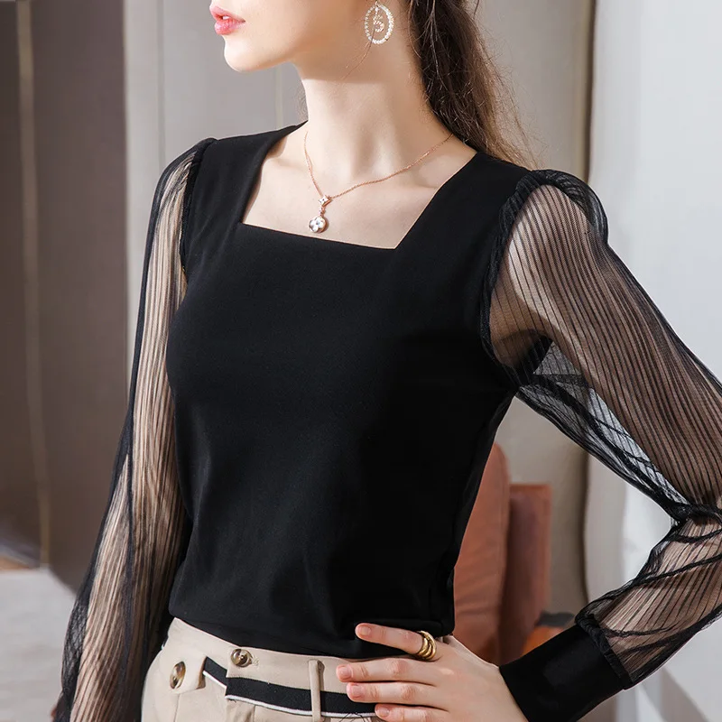 

Micro penetration base coat women's autumn and winter new style with long sleeve T-shirt stitching mesh bubble sleeve square