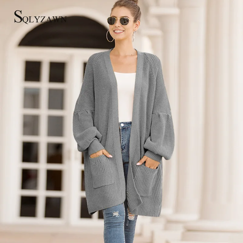 Женский вязаный длинный кардиган с карманами бежевый или Желтый Повседневный