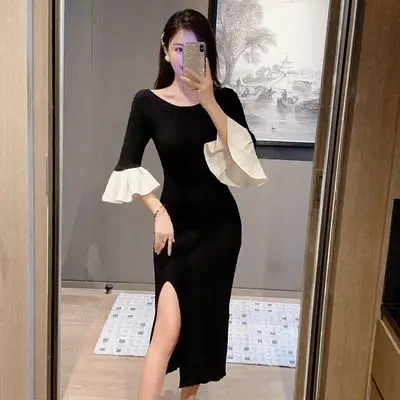 

Новая осенне-зимняя трикотажная тонкая женская юбка с одним воротником, платье с рукавами в виде листьев лотоса