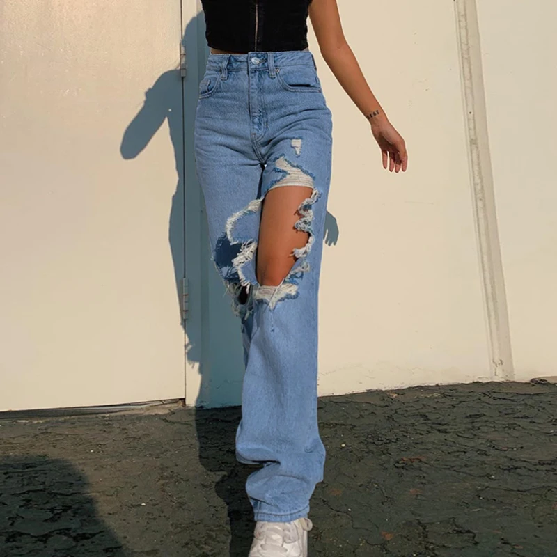 

Ripped jeans for women streetwear woman high waist femme taille haute vaqueros mujer cintura al straight leg jeans pants