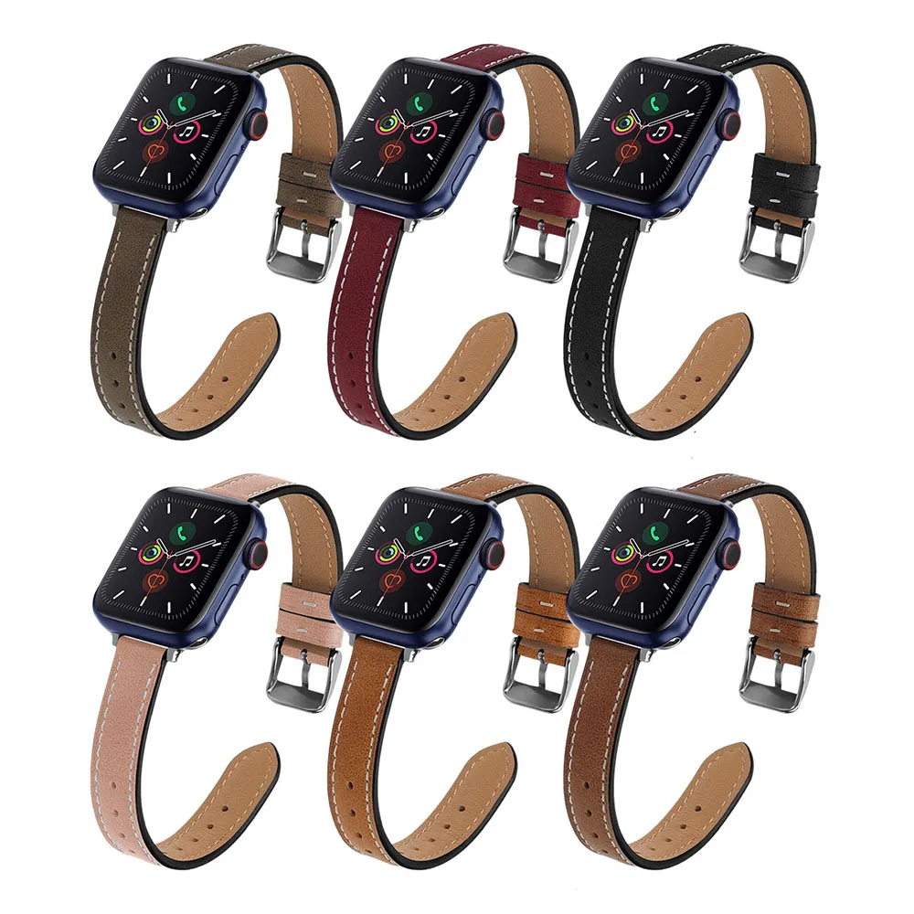 Ремешок из натуральной кожи для Apple Watch SE 42 мм 44 тонкий черный браслет iWatch Series 6 5 4 3 2