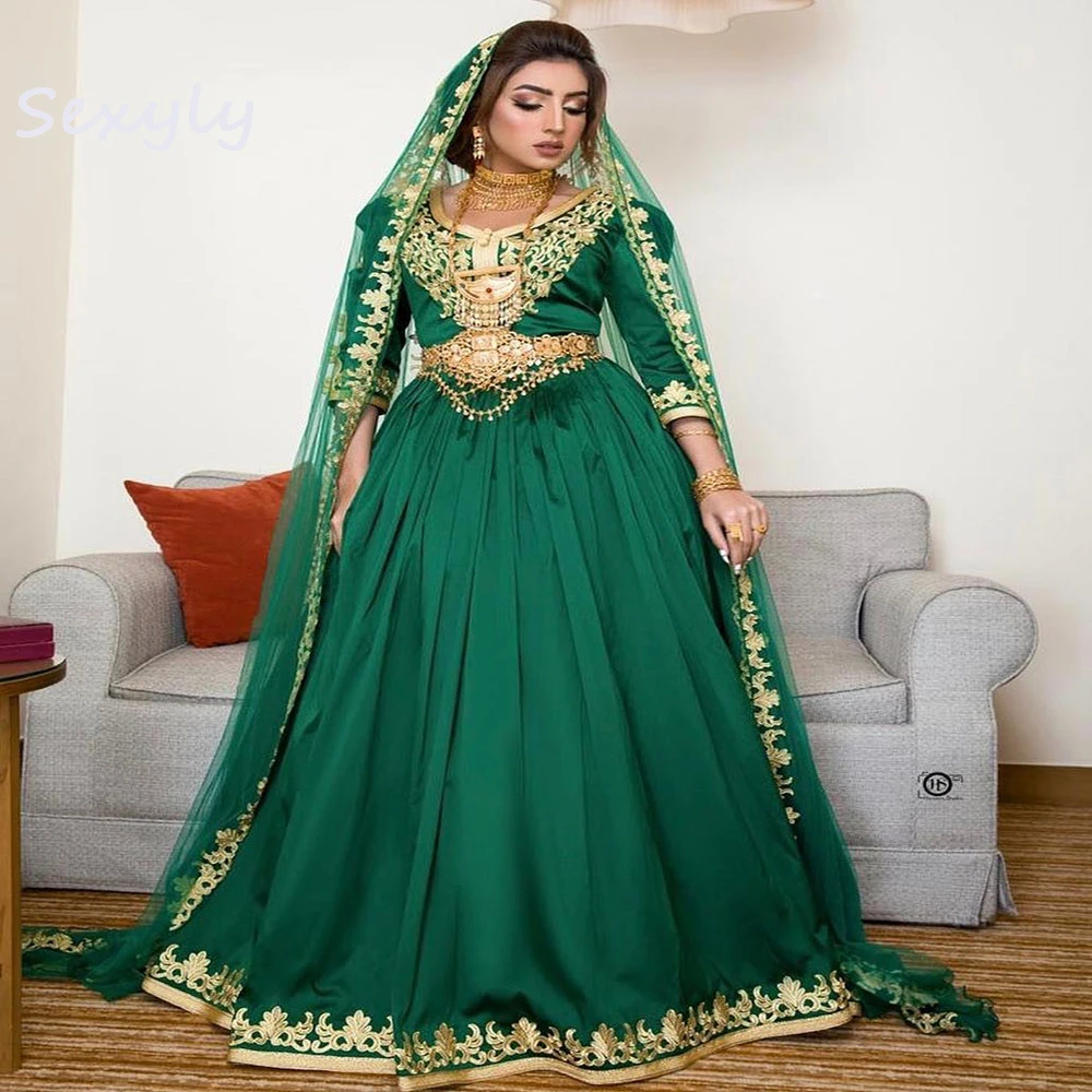 

Luxury Green Muslim Wedding Dress With Veil 2022 Elegant Long Sleeve A Line Church Garden Wedding Gowns Dubai Robe De Mariée