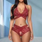 Комплект сексуального нижнего белья женское нижнее белье с бюстгальтером брифы с лямкой на шее женское нижнее белье прозрачные кружевные сетчатые эротические костюмы Женская одежда