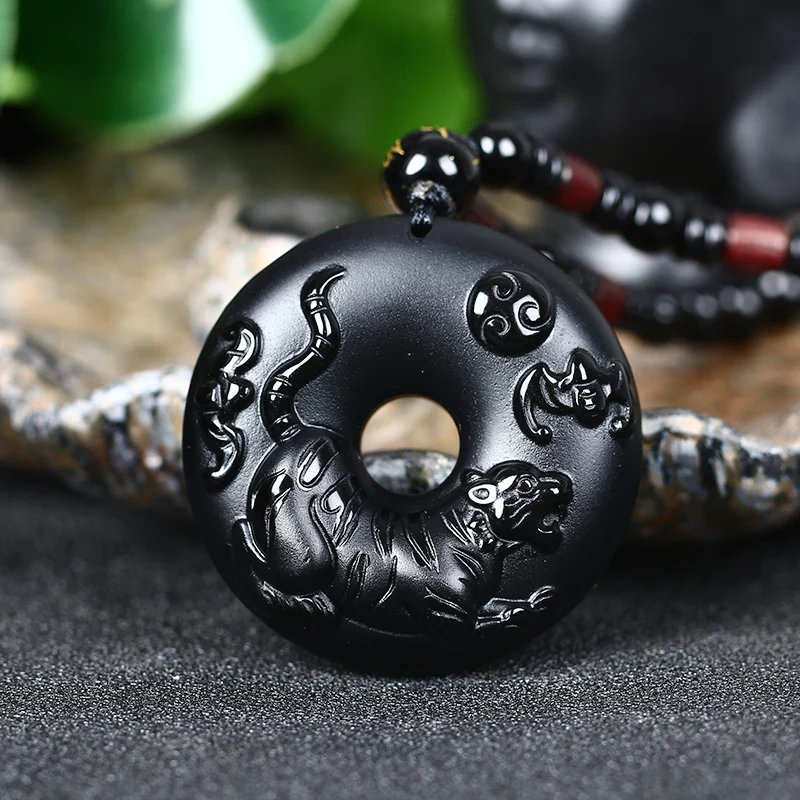 Ожерелье из натурального черного обсидиана с бусинами ручная работа подвеска в