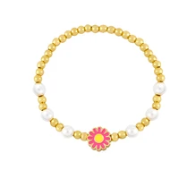 colorful enamel daisy flower copper beaded chain stretch bracelet handmade simulated pearl bangle for women party jewelry gift