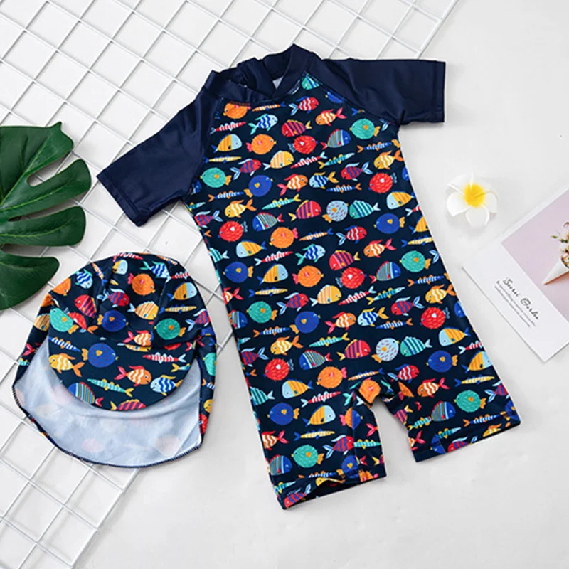 

2021 летний купальный костюм для маленьких мальчиков, Цельный купальник с шапочкой для малышей, детский купальник, детский купальный костюм с...