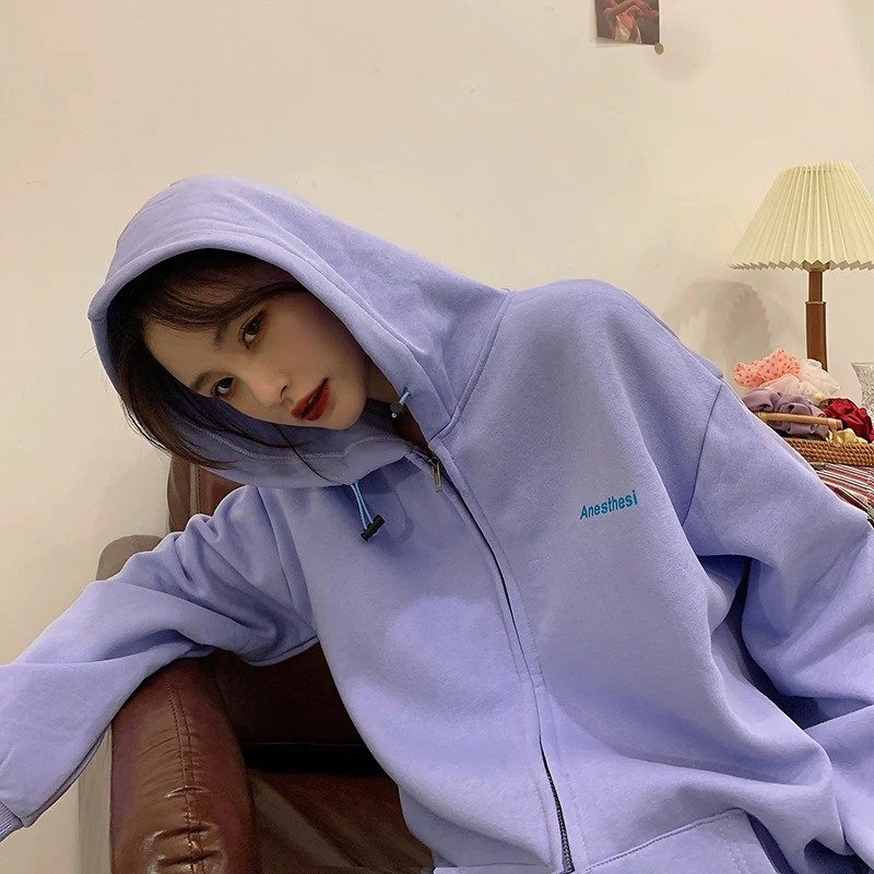 

Women Korean Version Loose Hoodies Long Sleeve Zip Up Solid Pocket Sweatshirts Female Thin Harajuku Hooded Coat Top