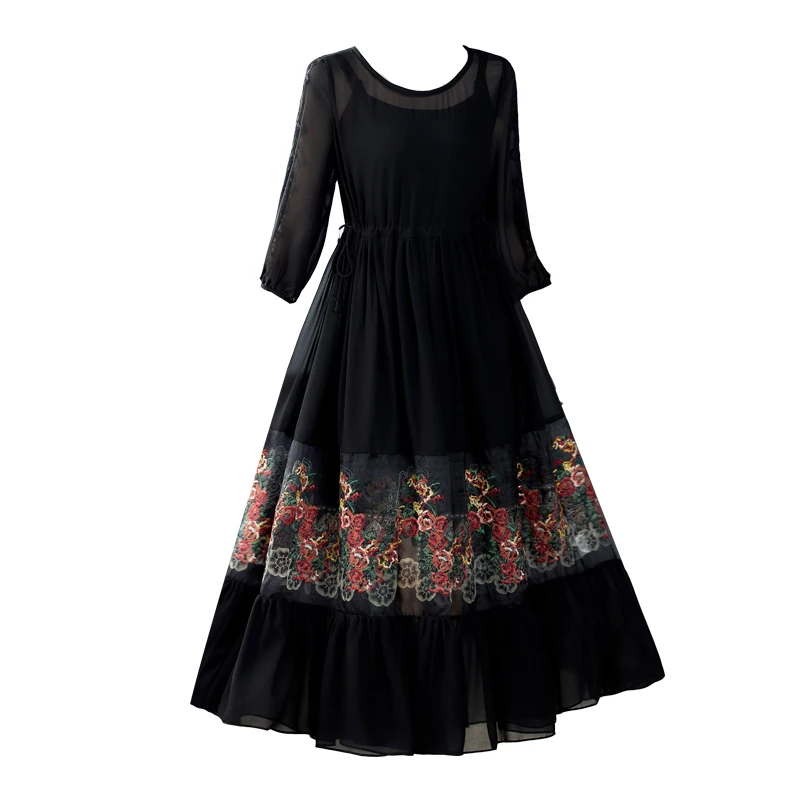 Женское черное Сетчатое элегантное платье макси с цветочной вышивкой весеннее