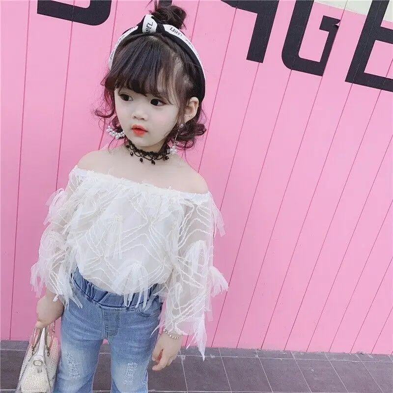 2019 детские белые кружевные топы с бахромой и открытыми плечами для маленьких