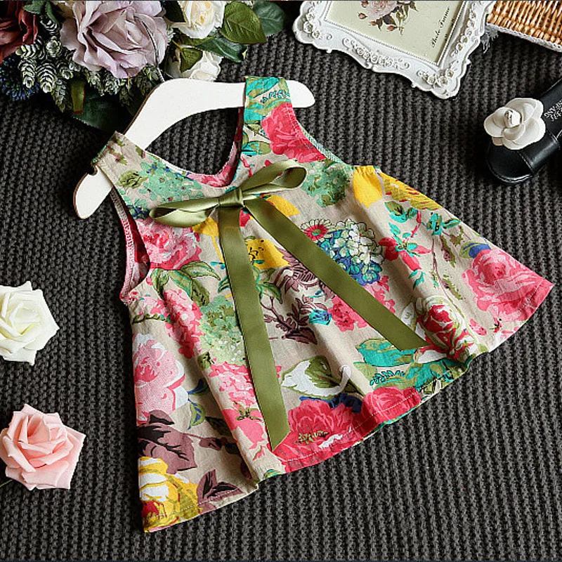 2020 New Girl Sling Skirt Bow Print Floral Children's Clothing Cute Flower to Knee Princess Party Dress + Pants | Детская одежда и