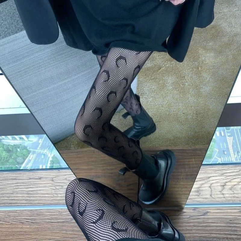 

Women Long Sexy Stockings Black/White Women Accessories 1Pair Ultra-thin Pantyhose Fishnet Mesh Polyester Moon Pattern Tights