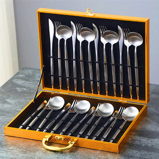 24pcs with giftbox Черный золотой набор столовых приборов 24 столовых приборов набор 18/10 из нержавеющей стали столовая вилка и нож белый золотой набор столовых приборов розовый с деревянной подарочной коробкой - Цвет: 24pcs with giftbox
