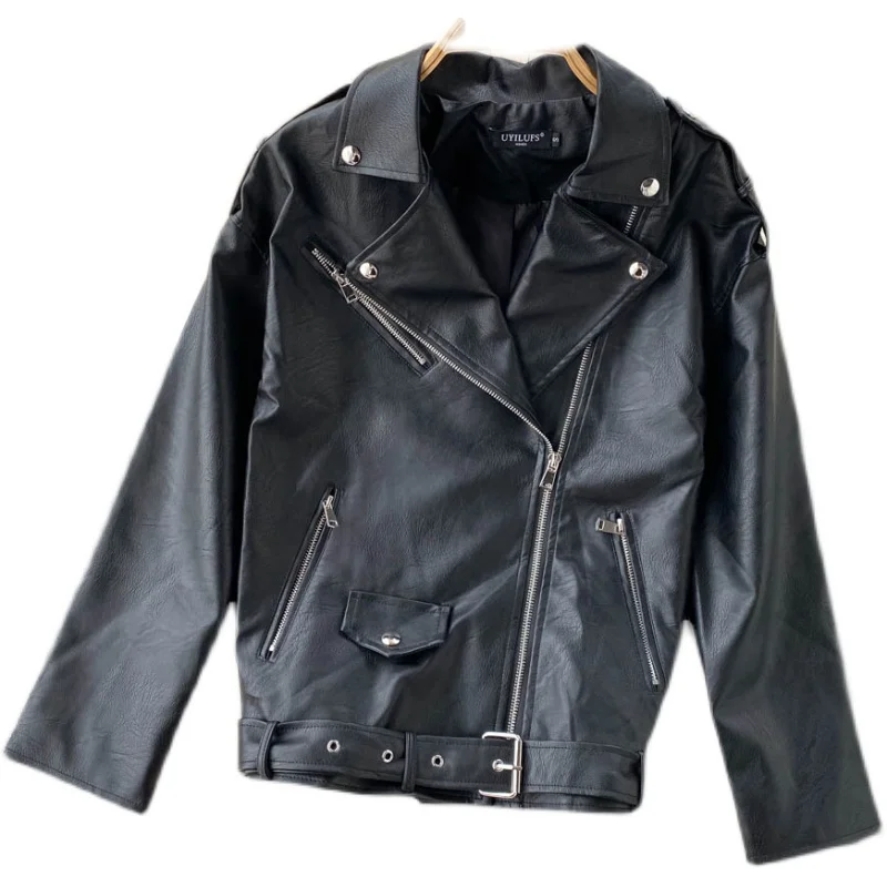 Fitaylor New Spring Autumn Pu Leather Motorcycle Jacket Women Turn-down Collar Zipper with Belt Lady Black Coat Outwear | Женская одежда