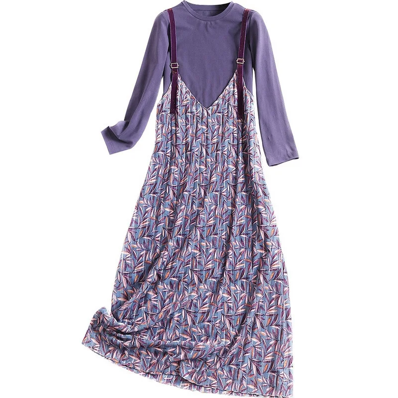 

2020 Women Skirt Floral Velvet Slip Dress Long Office Lady Fashion Suits Fall Knitted Tops Two Piece Dress