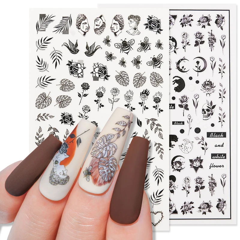 

1PC Black White Leaves Flower 3D Nail Stickers Tropical Plants Mandala Leaf Geometry Transfer Decals Nail Art Decorations