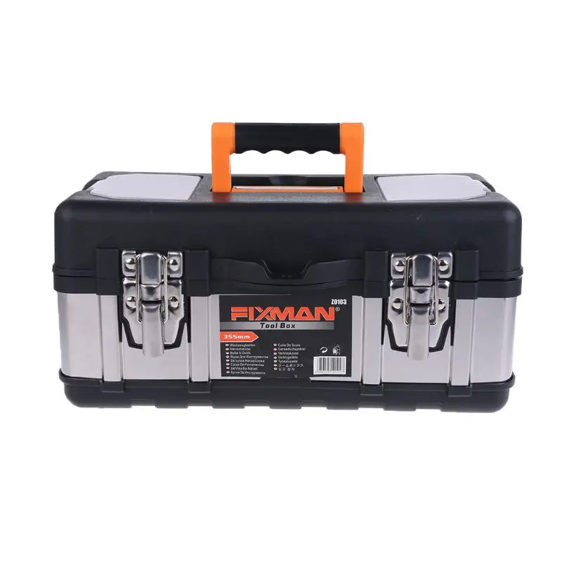 

14\" Stainless Steel Plastic Toolbox Handheld Home Tool Box Case with Metal Latch