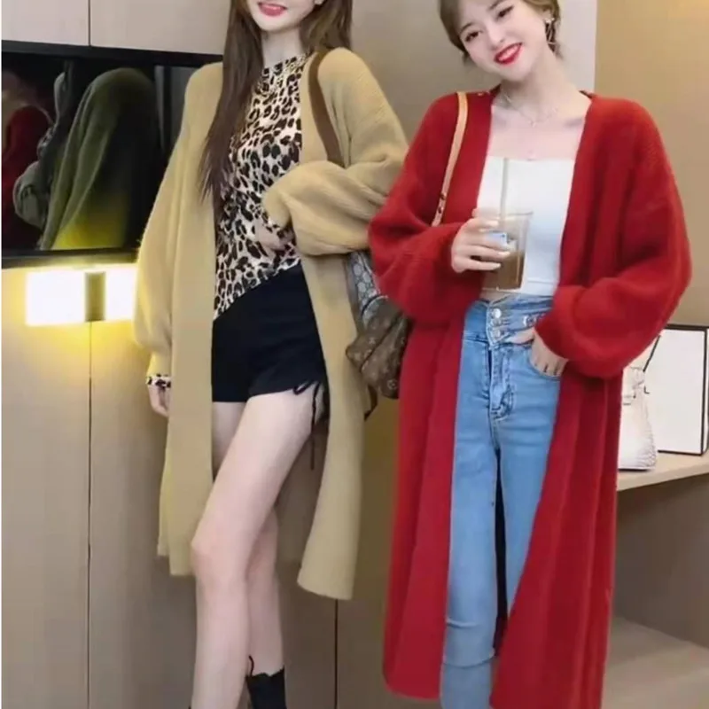 

Women Casual Long Knitted Cardigan Tops Elegant Vintage Loose Sweater Korean Fashion Solid Color Long Sleeve Clothes Knitted