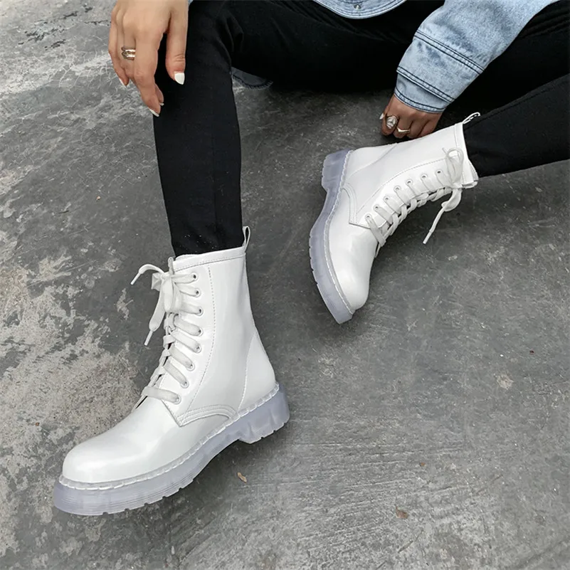 

Meotina Genuine Leather Platform Flat Ankle Boots Motorcycle Boots Women Shoes Lace Up Short Boots Ladies Autumn Winter Black