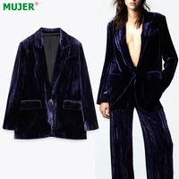 traf za blue velvet blazer women autumn office blazer woman long sleeve oversize blazers for women elegant jackets winter 2021
