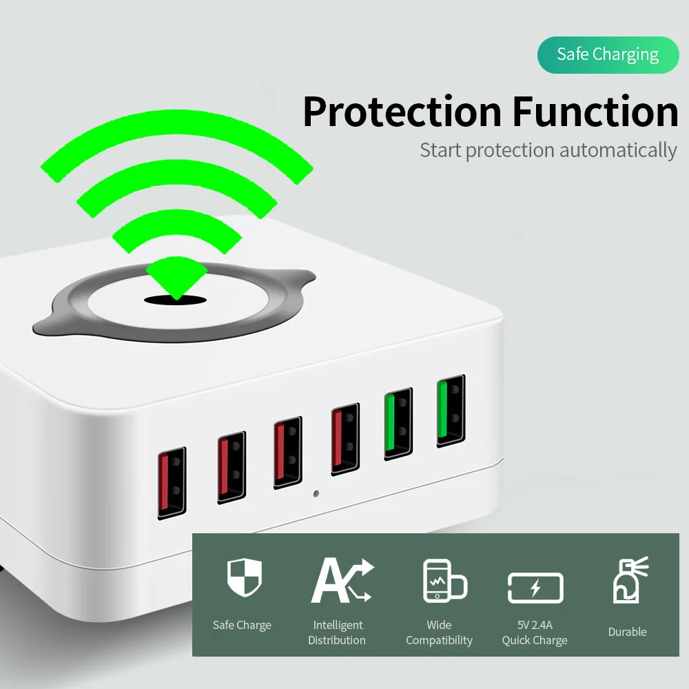 Беспроводной зарядная станция 6 портовое USB Зарядное устройство QC3.0 быстрая для