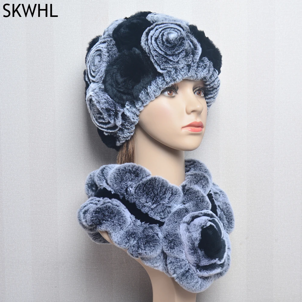 New Women Winter Fur Hat Scarf Sets Natural Warm Real Rex Rabbit Fur Cap Scarves Lady Knitted Warm 100% Genuine Fur Hats Muffler